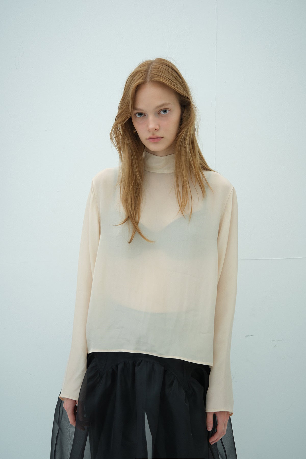 Overdueflair Half Neck Tie Blouse Glossy Beige
