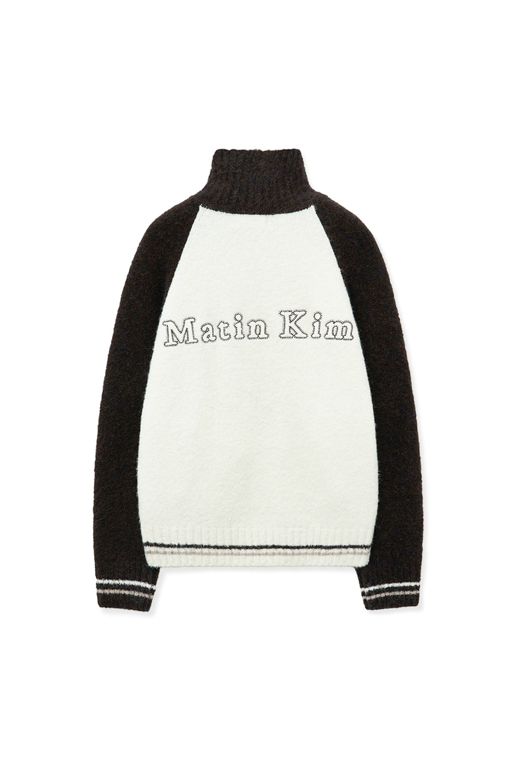 [matinkim] HIGH NECK RAGLAN KNIT ZIP UP FOR WOMEN IN DARK BROWN