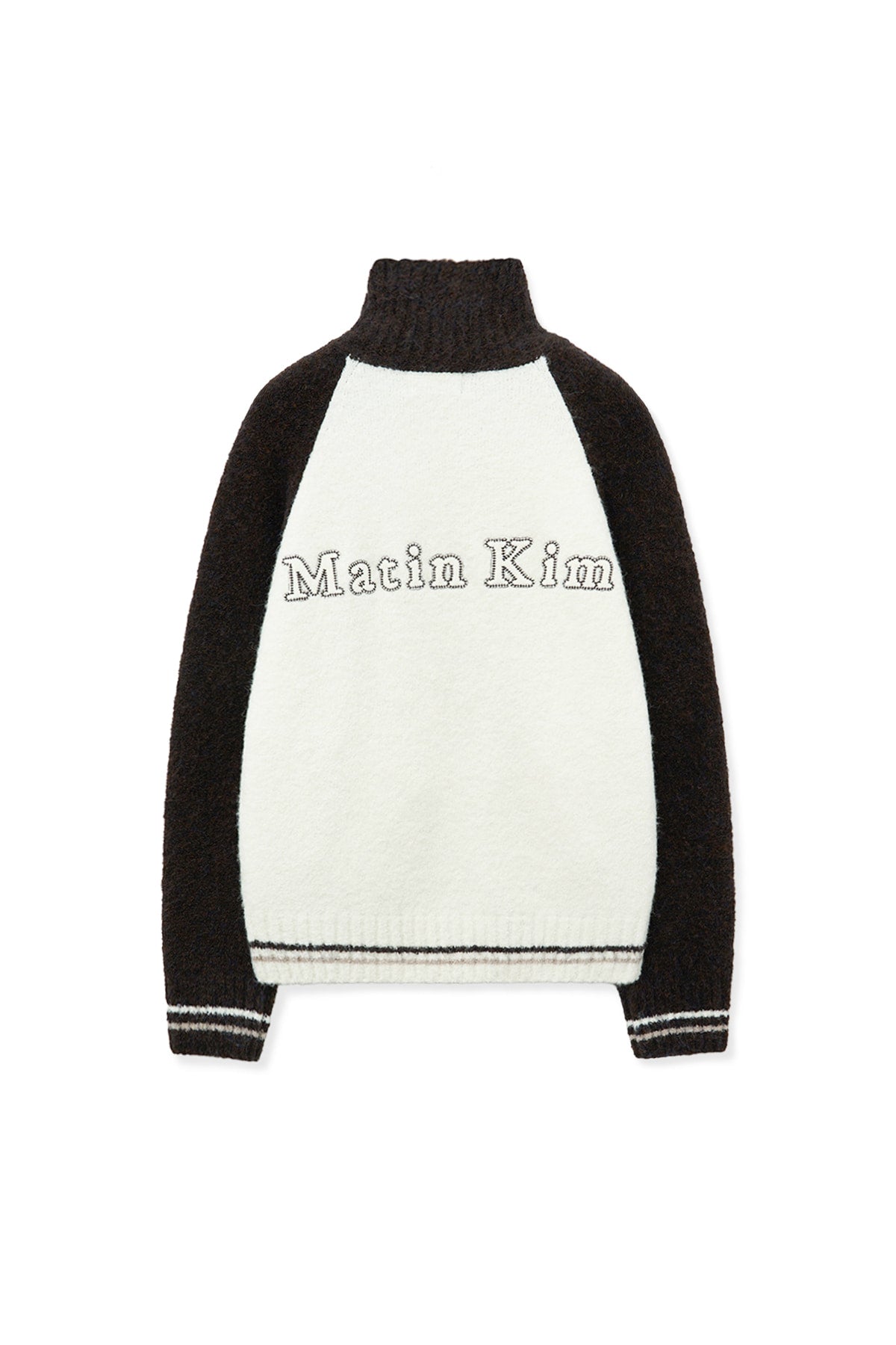 [matinkim] HIGH NECK RAGLAN KNIT ZIP UP FOR WOMEN IN DARK BROWN