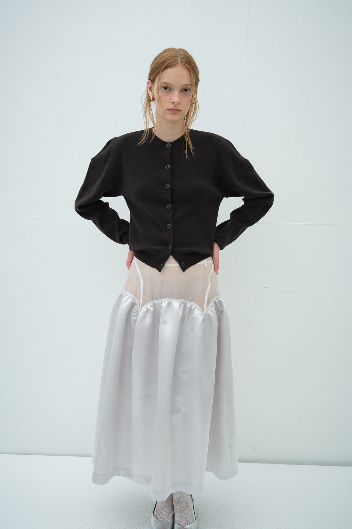 Overdueflair Sheer Satin Long Skirt White Silver