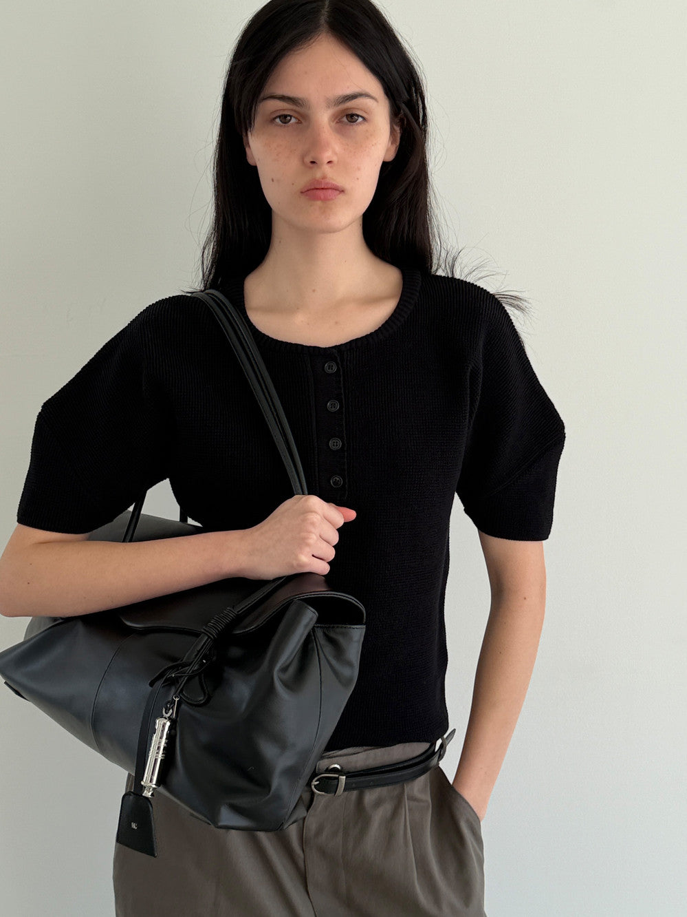 Low Classic Puff Sleeve Henry Neck Knit Top Black