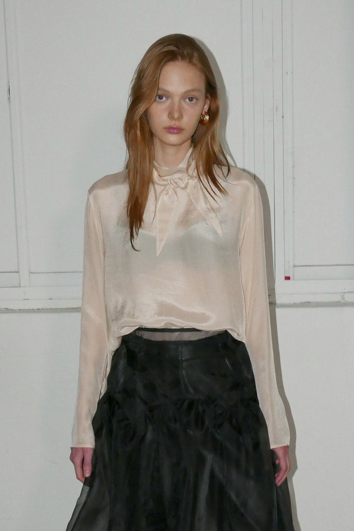 Overdueflair Half Neck Tie Blouse Glossy Beige