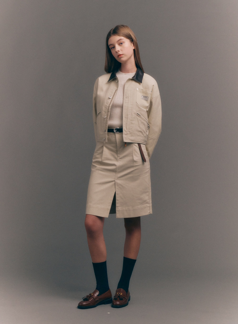 [satur] (W) Cotton Pencil Slit Skirt - Natural Beige