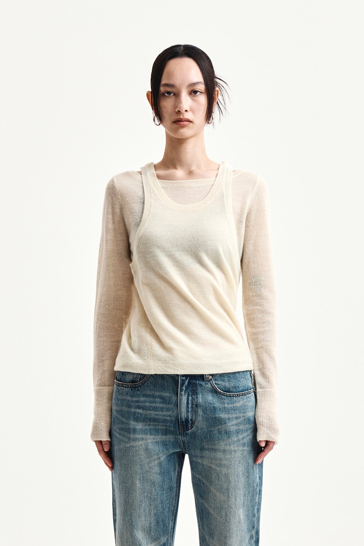 Matinkim Mohair Layered Knit Pullover IN Light Yellow