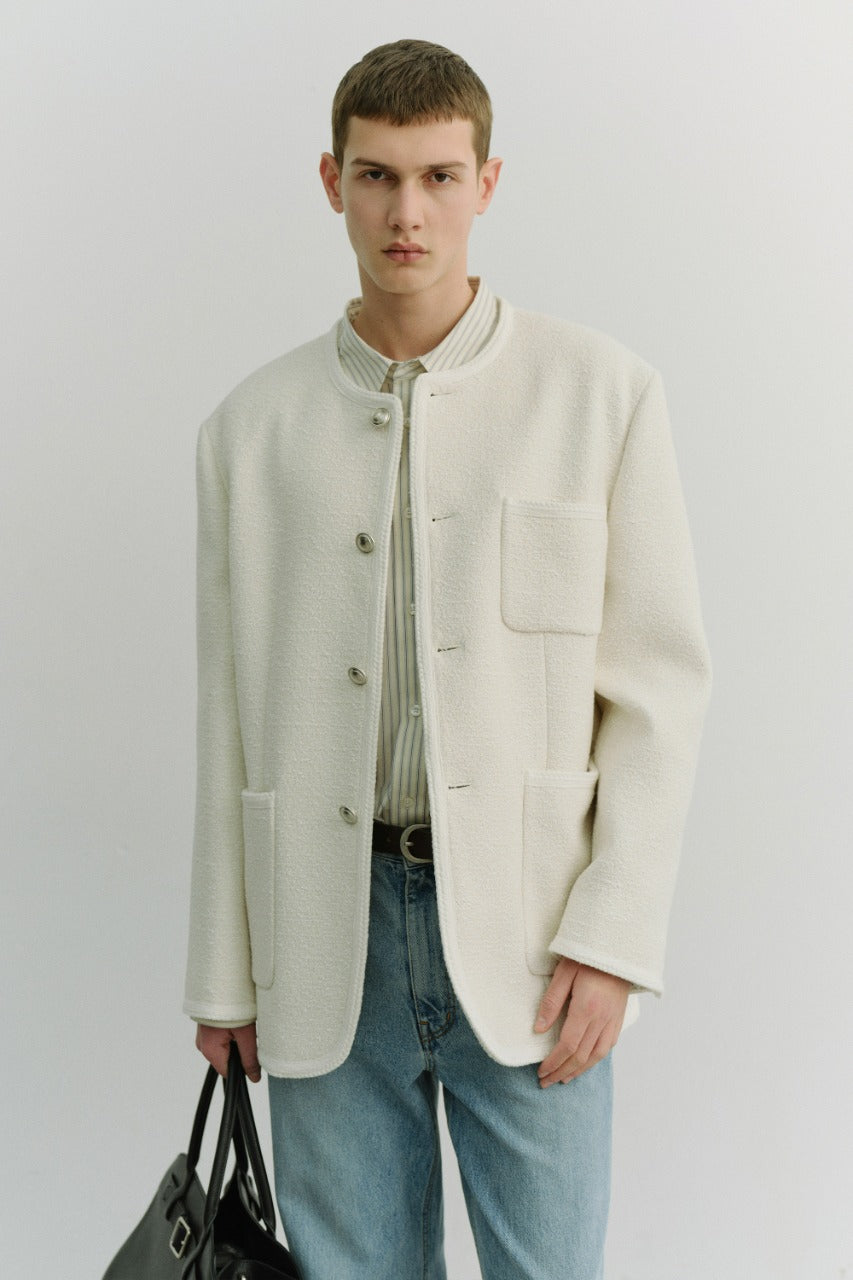 Dunst Unisex Collarless Tweed Jacket Cream