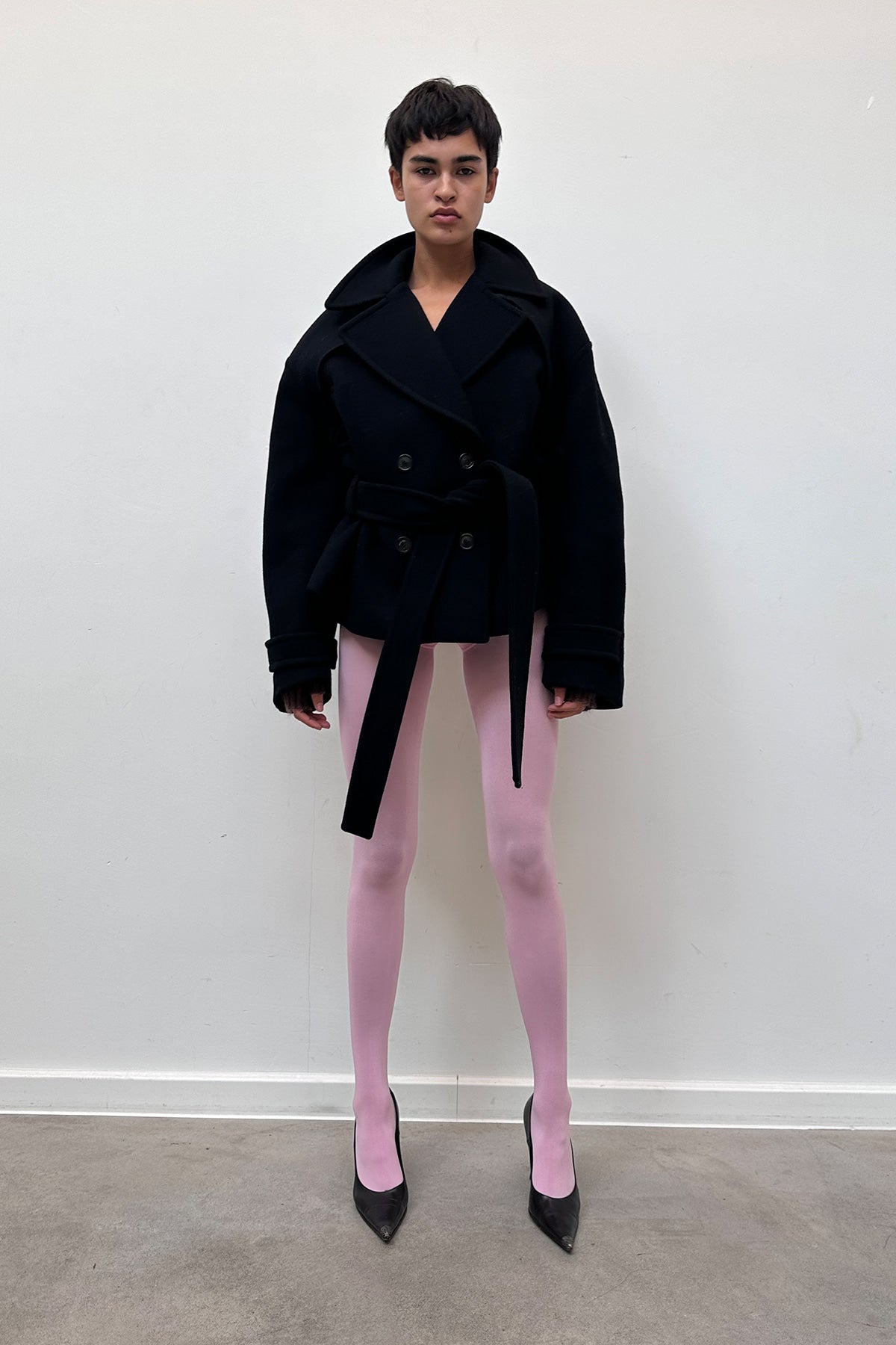 Matinkim Belted Big Lapel Double Short Coat IN Dark Navy