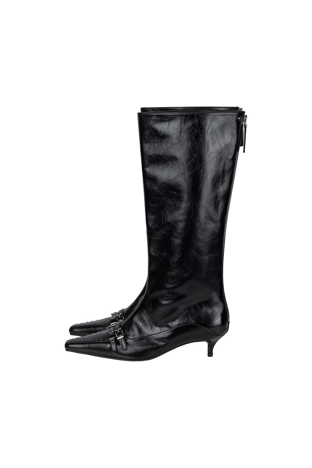 Treemingbird Double-Belted Studded Long Boots Black