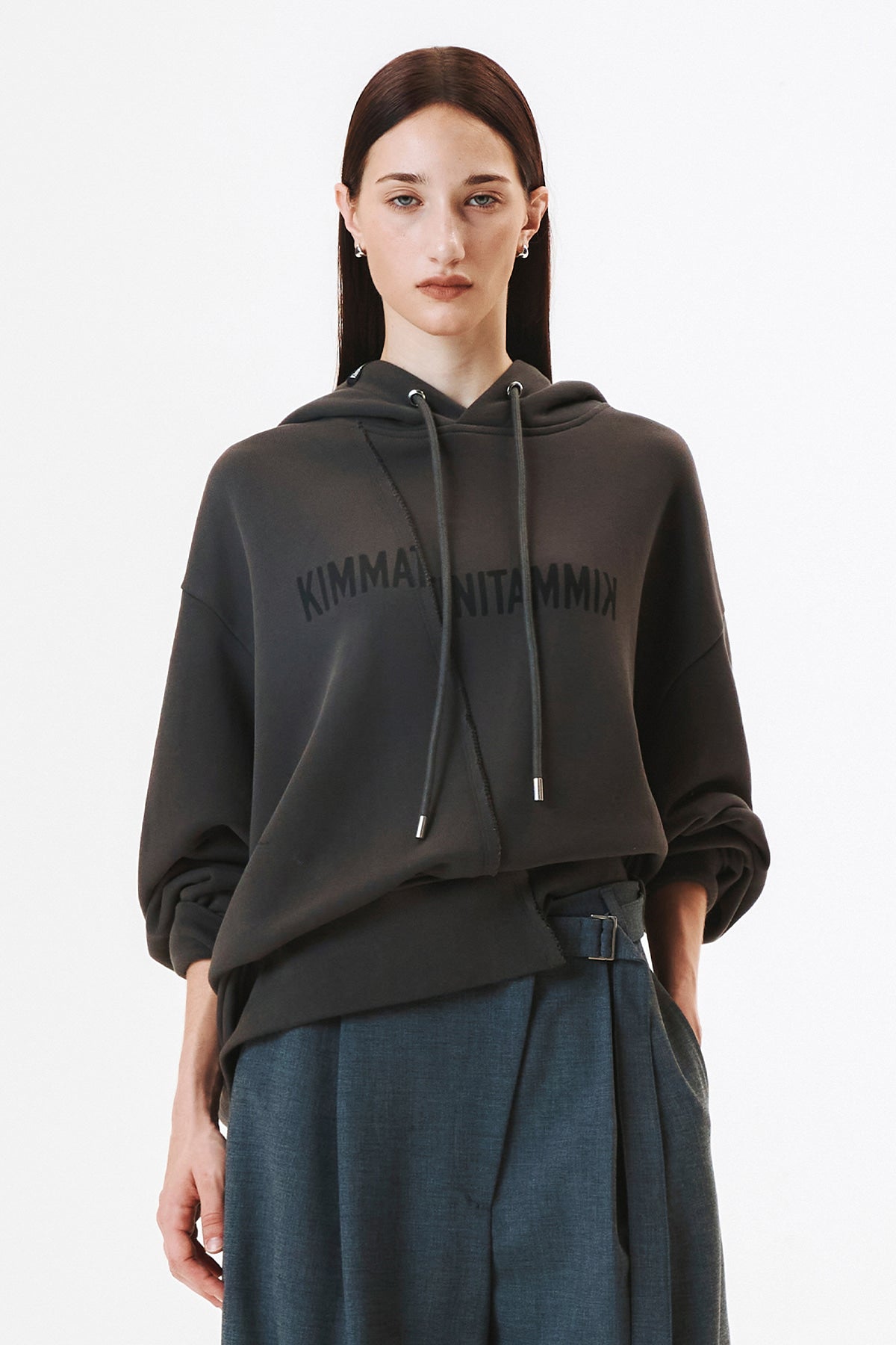 [matinkim] Blurred Logo Raw Cut Oversize Hoody IN Charcoal