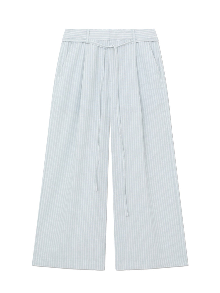 GLOWNY G Belted Linen Wide Pants (Blue)