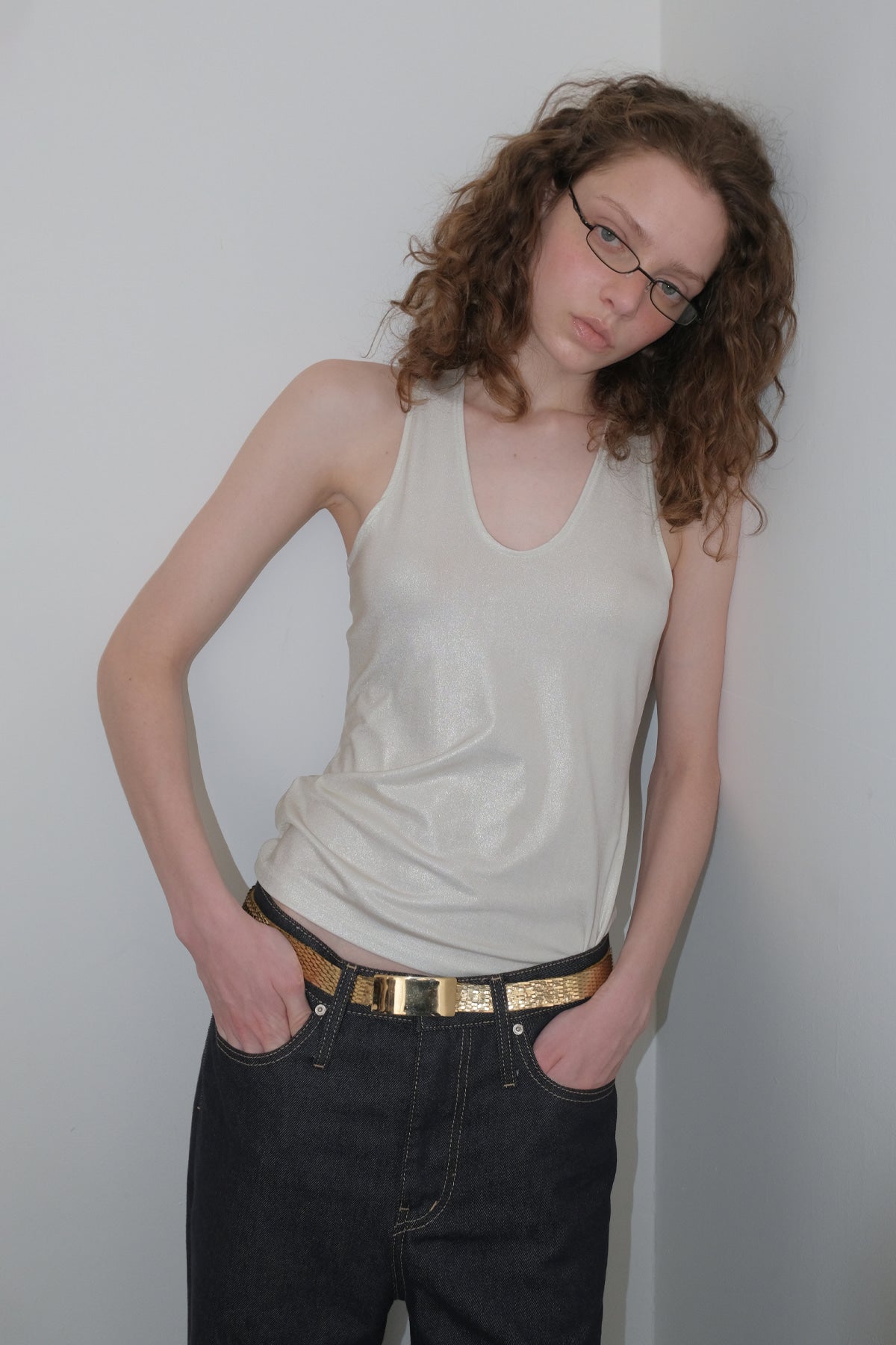 Overdueflair Glitter Halter Top Pearl White