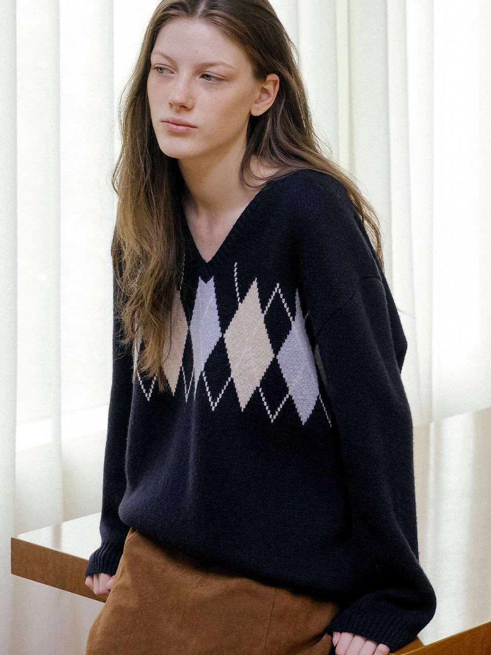 Tillidie Merino argyle loose knit Navy
