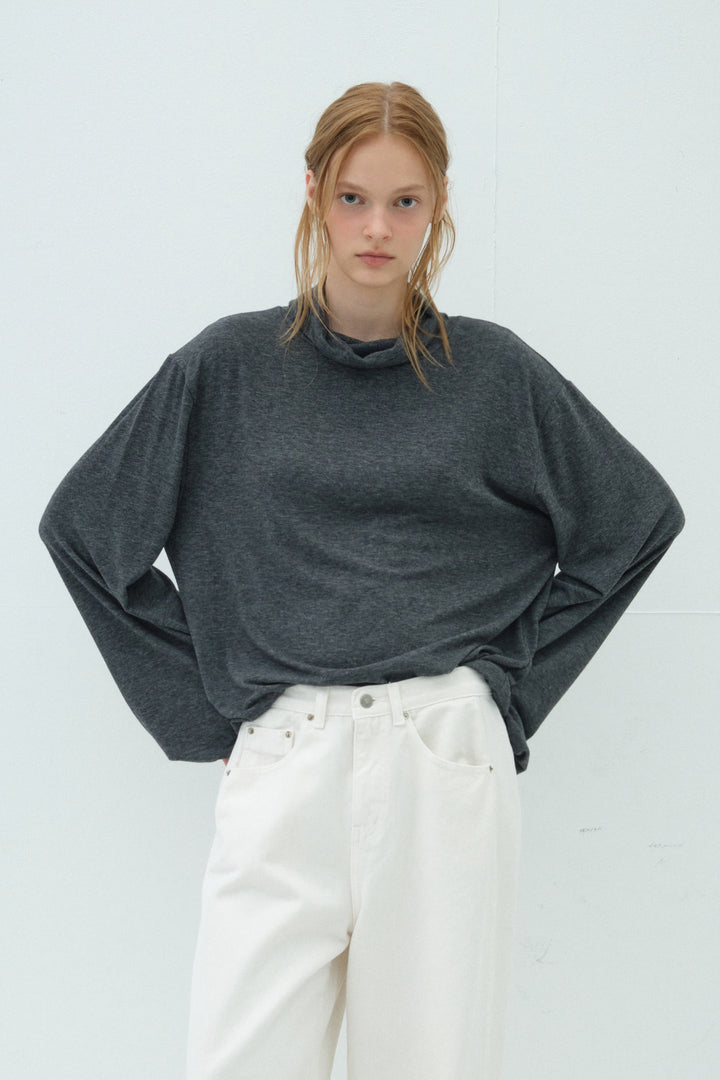 Overdueflair Loose Fit Wool Tencel Turtleneck T-Shirt Charcoal