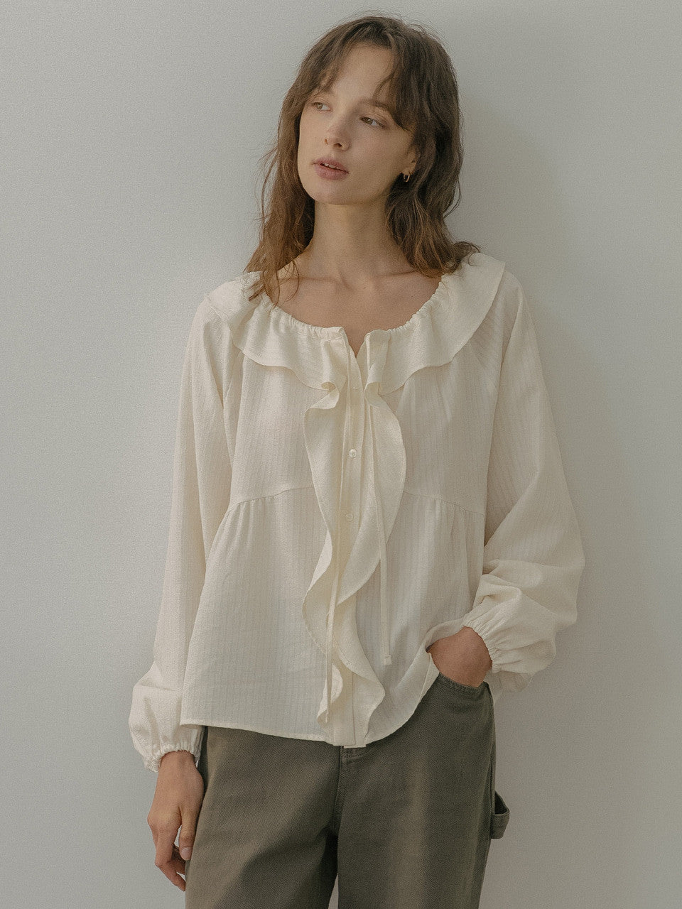 Tillidie Embroidered ruffle string blouse Butter
