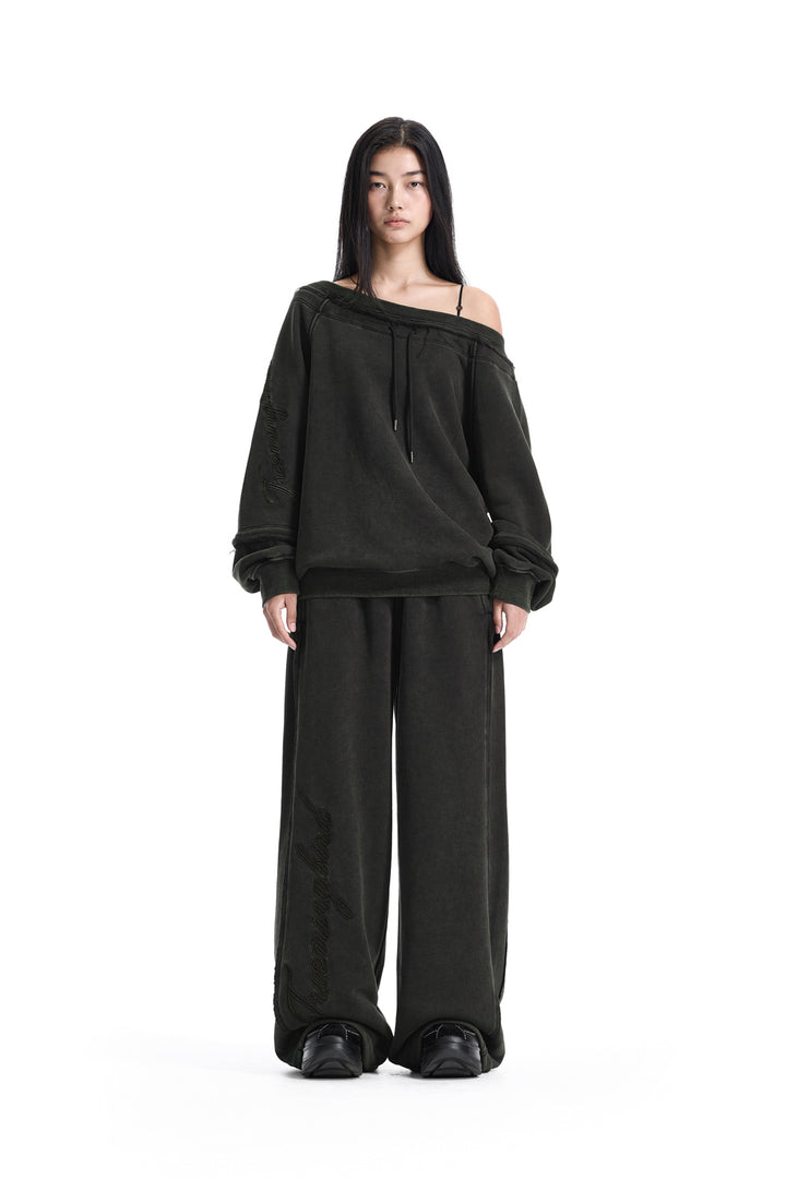 Treemingbird Lettering Off-Shoulder Set-Up Sweat Shirts Black