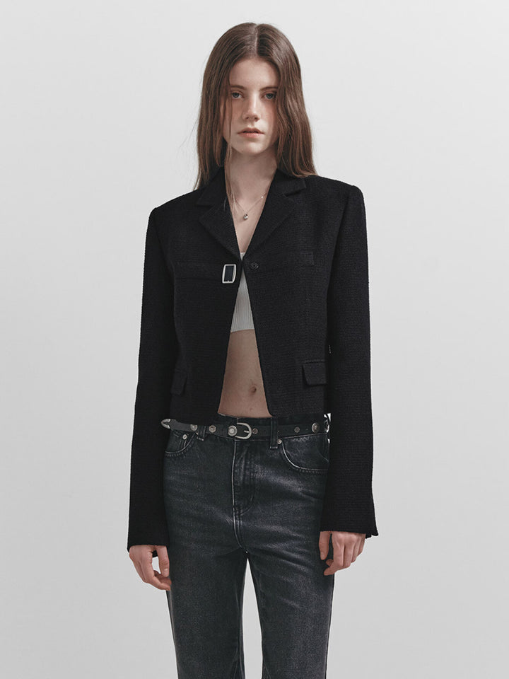 Raive Buckle Crop Tweed Jacket in D/Navy