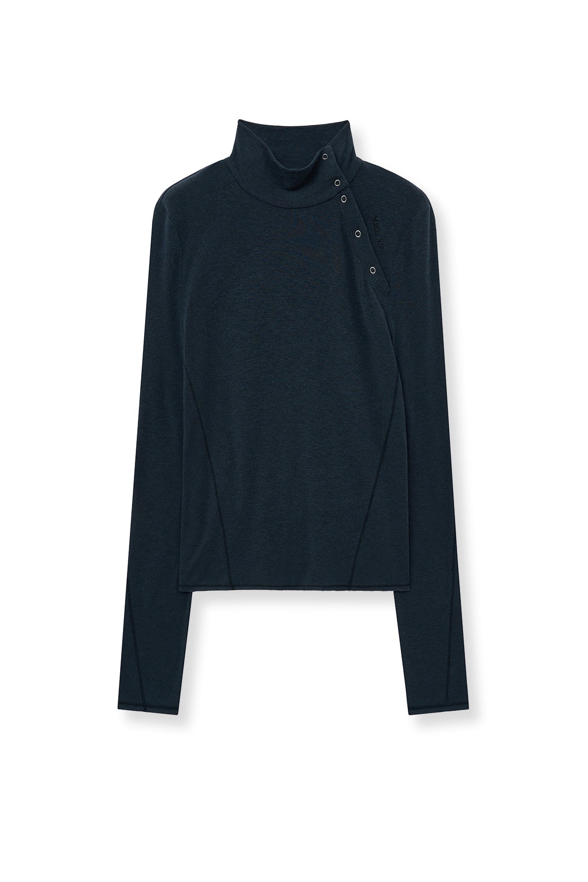 [matinkim] BUTTON SLIT HALF NECK TOP IN NAVY