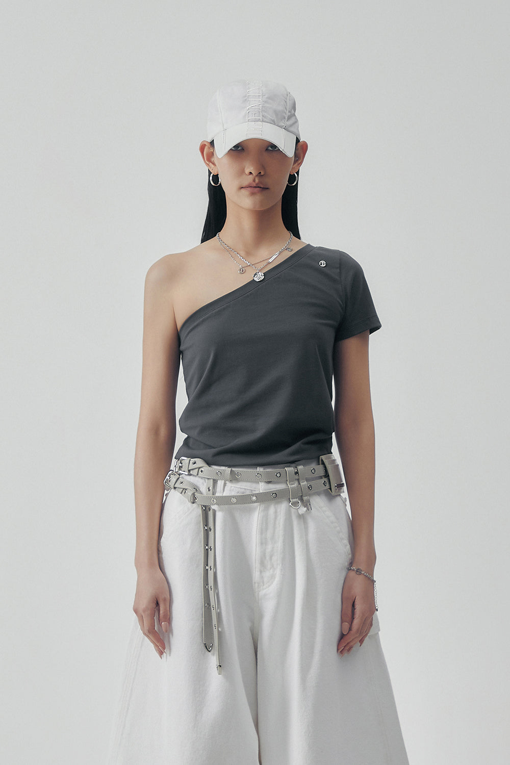 Treemingbird One-Shoulder Sleeve T-shirts Charcoal