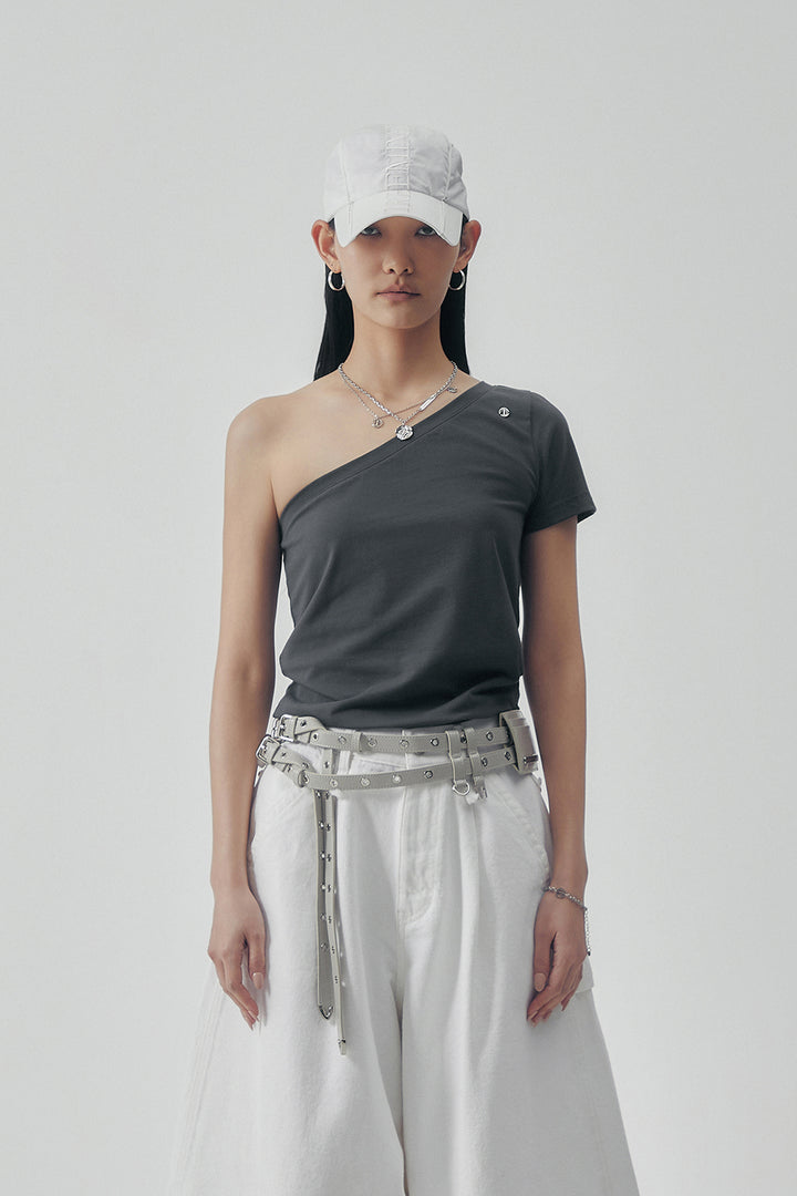Treemingbird One-Shoulder Sleeve T-shirts Charcoal
