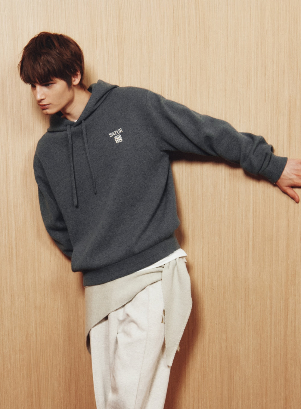 [satur] Classic Semi Loose Fit Knit Hoodie - Blue