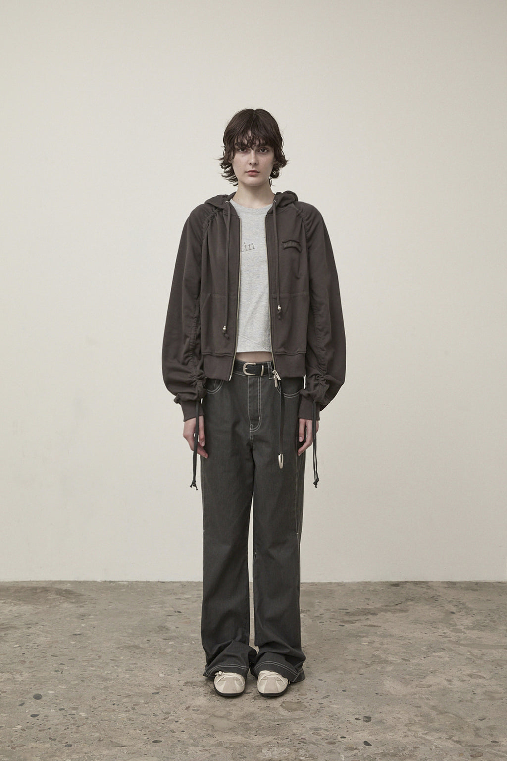 [matinkim] SLEEVE STRING DETAIL HOODY ZIP UP IN CHARCOAL