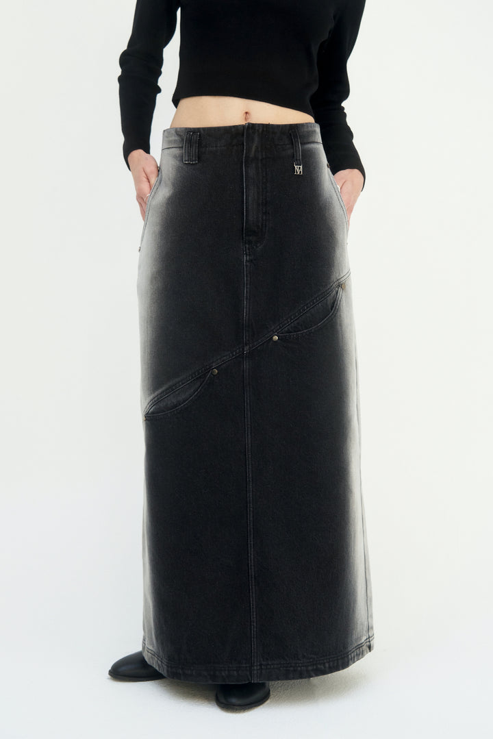 Treemingbird Curved Pocket Cut Denim Skirt Black