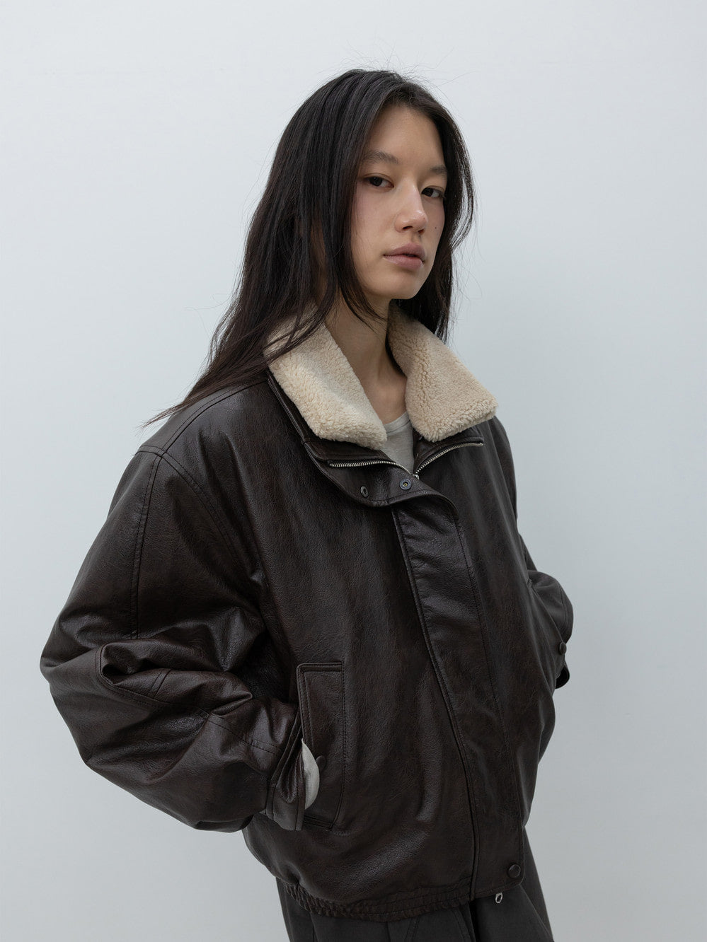 Low Classic Fur Collar Artificial Leather Jacket Brown