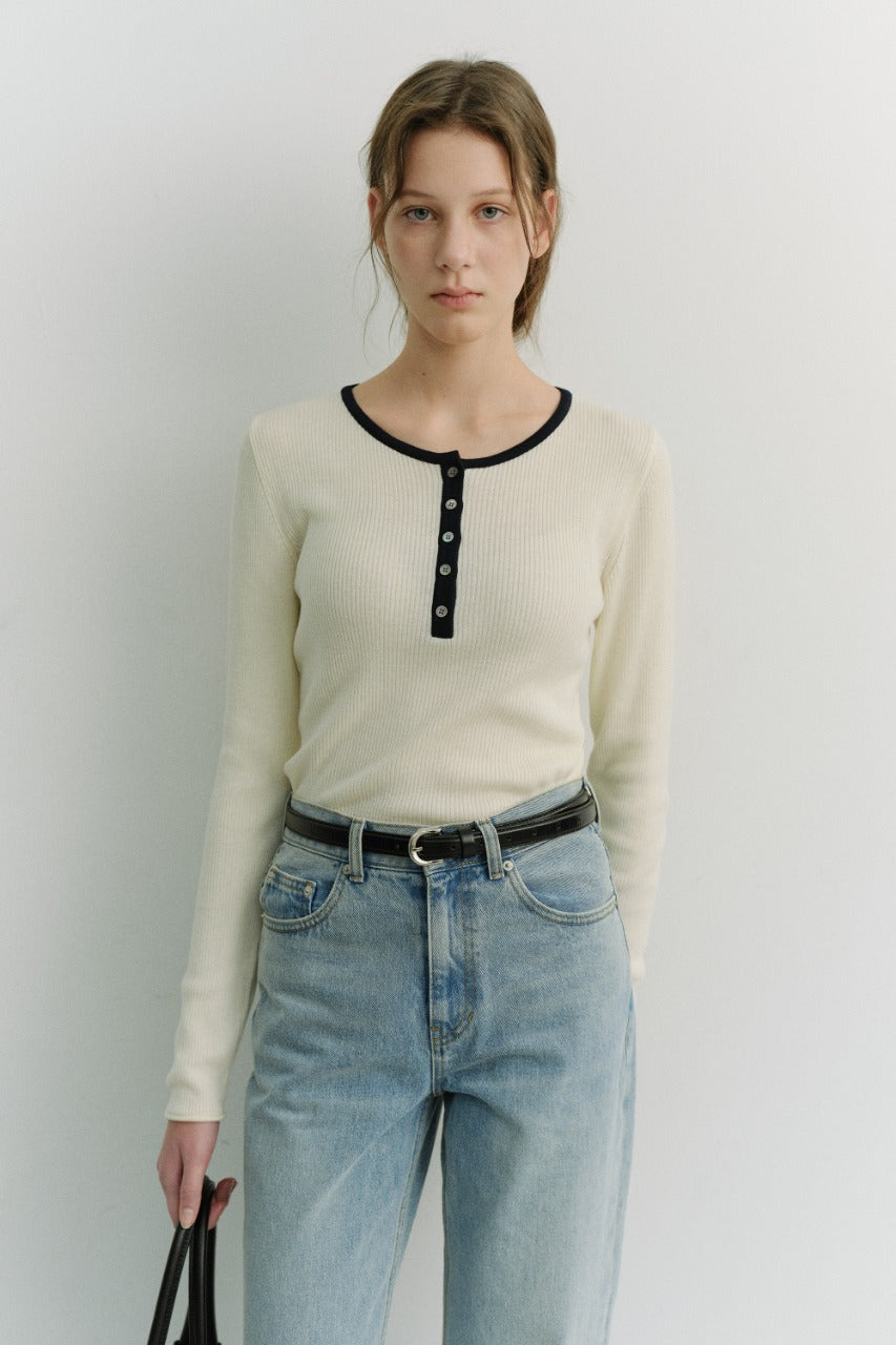 Dunst Buttoned Round-Neck Knit Top Cream