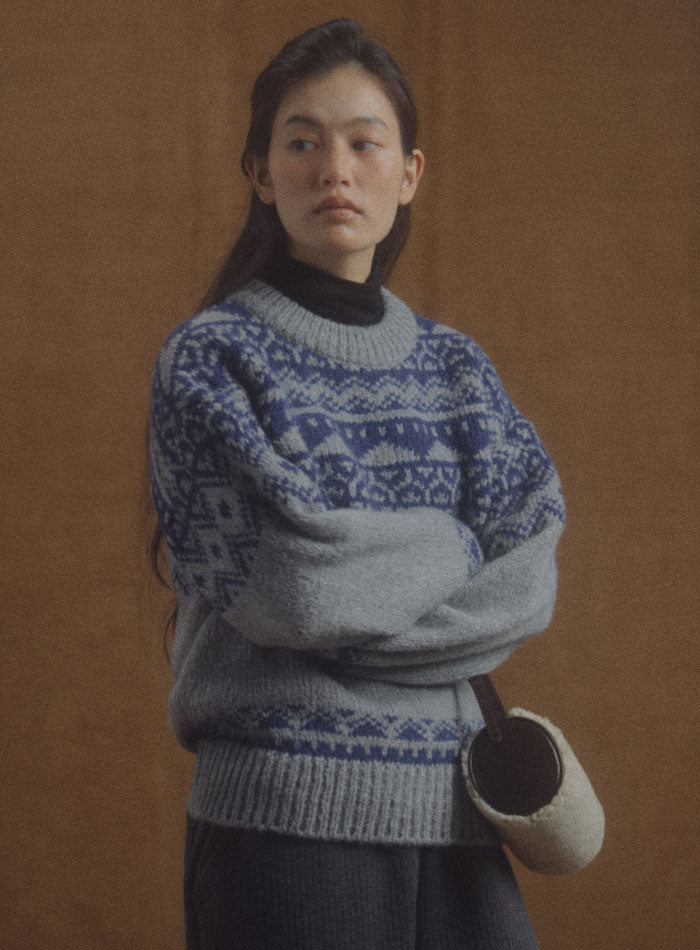 Mango Maniplease Hatty Nordic Knit Grey Blue