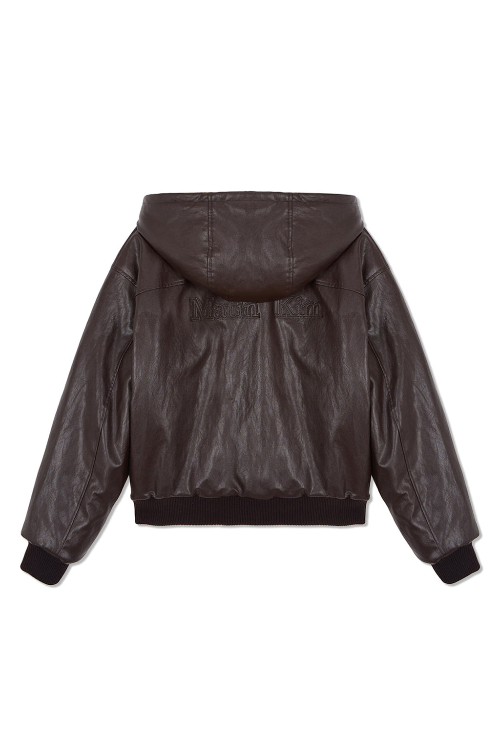 [matinkim] FAUX LEATHER ZIP UP HOODY IN BROWN
