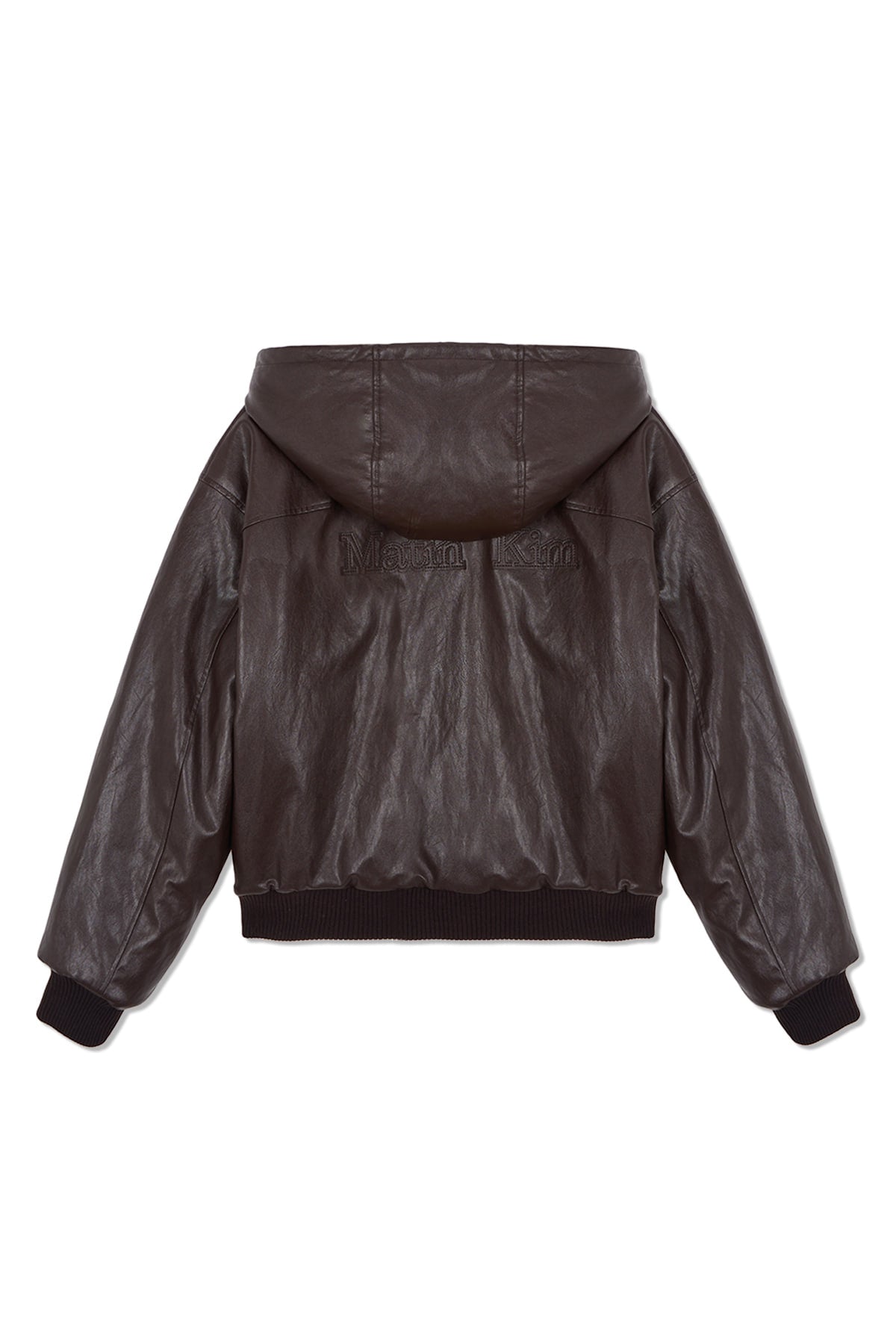[matinkim] FAUX LEATHER ZIP UP HOODY IN BROWN