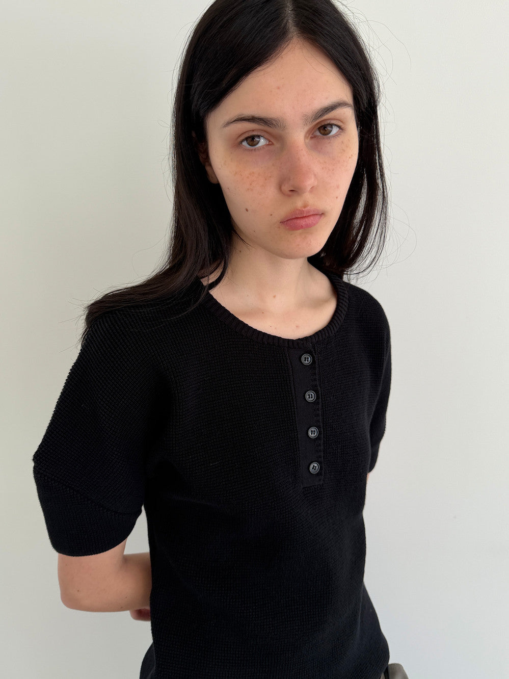 Low Classic Puff Sleeve Henry Neck Knit Top Black