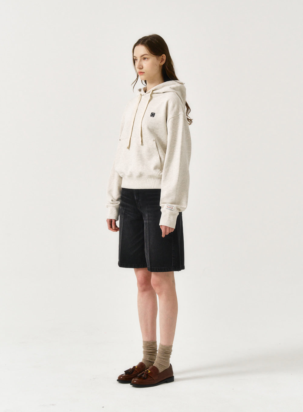 [satur] (W) Loren Small Logo Rivet Hoodie - Melange Oatmeal