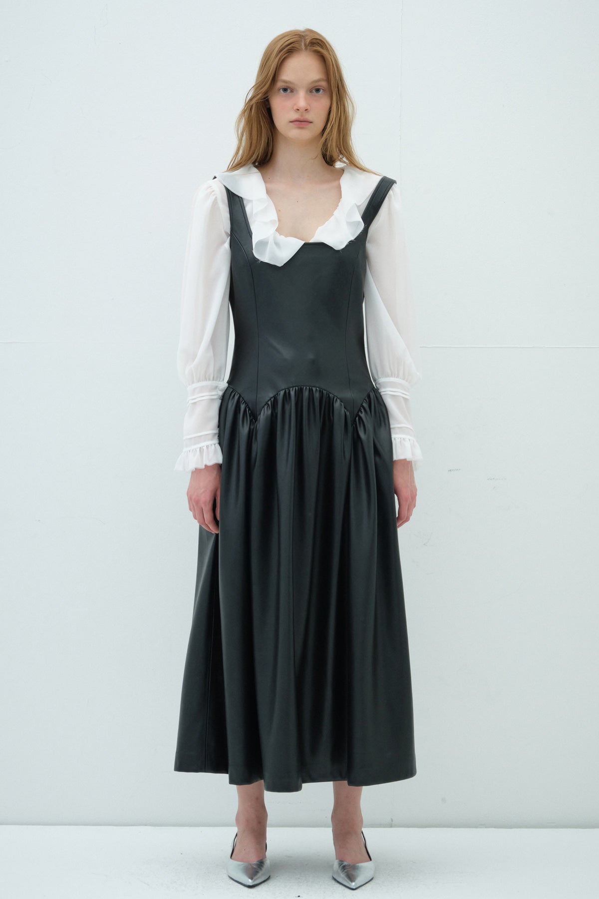 Overdueflair Square Neck Leather Long Dress Black