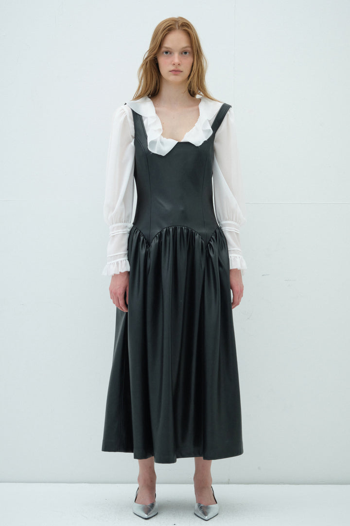Overdueflair Square Neck Leather Long Dress Black