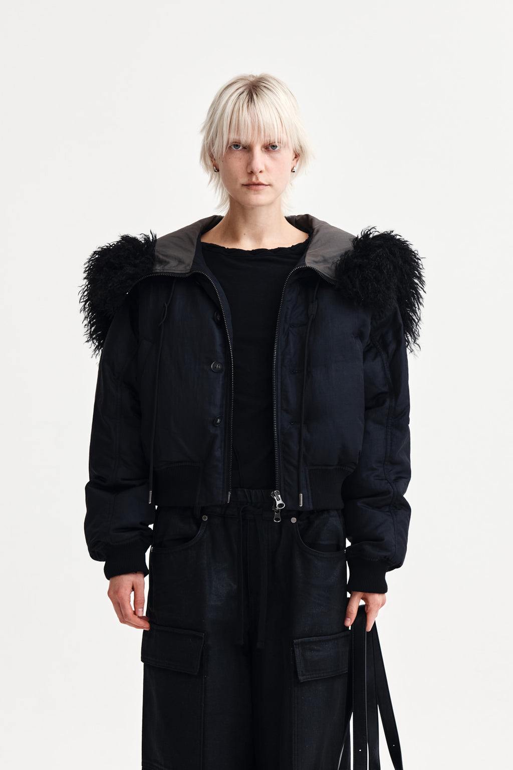 Matinkim Fur Hoody Bomber Down Jumper IN Black