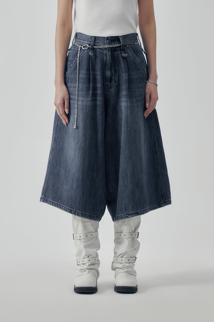 Treemingbird Carpenter-Strap Bermuda Denim Pants Blue