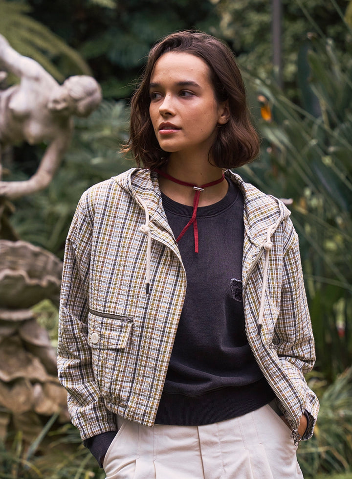 Satur Crop Hood Check Jacket - Olive Green