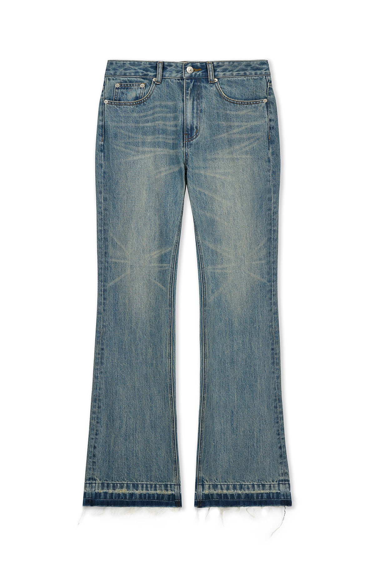 [matinkim] WASHED POINT BOOTS CUT DENIM PANTS IN BLUE