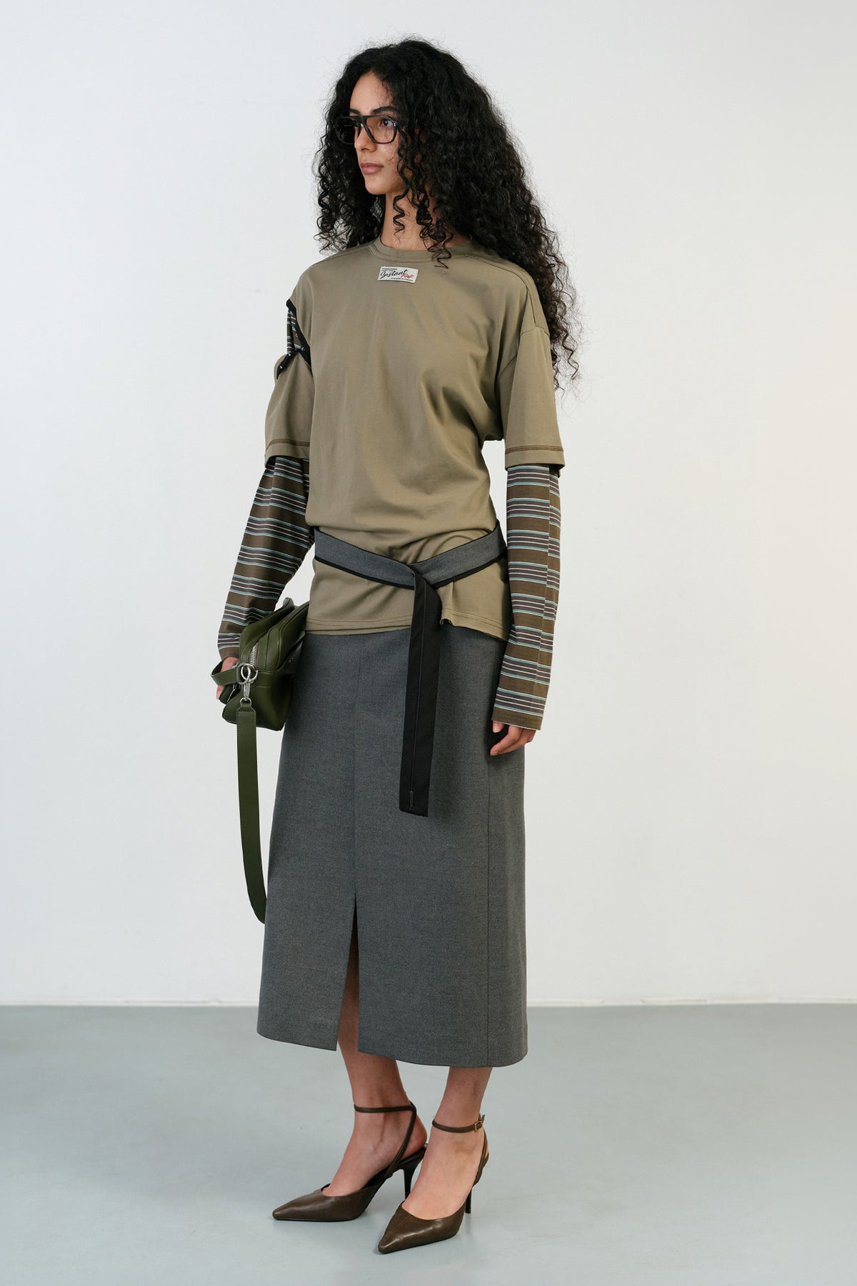 Instantfunk Layered Sleeve Stripe T Shirt - Khaki