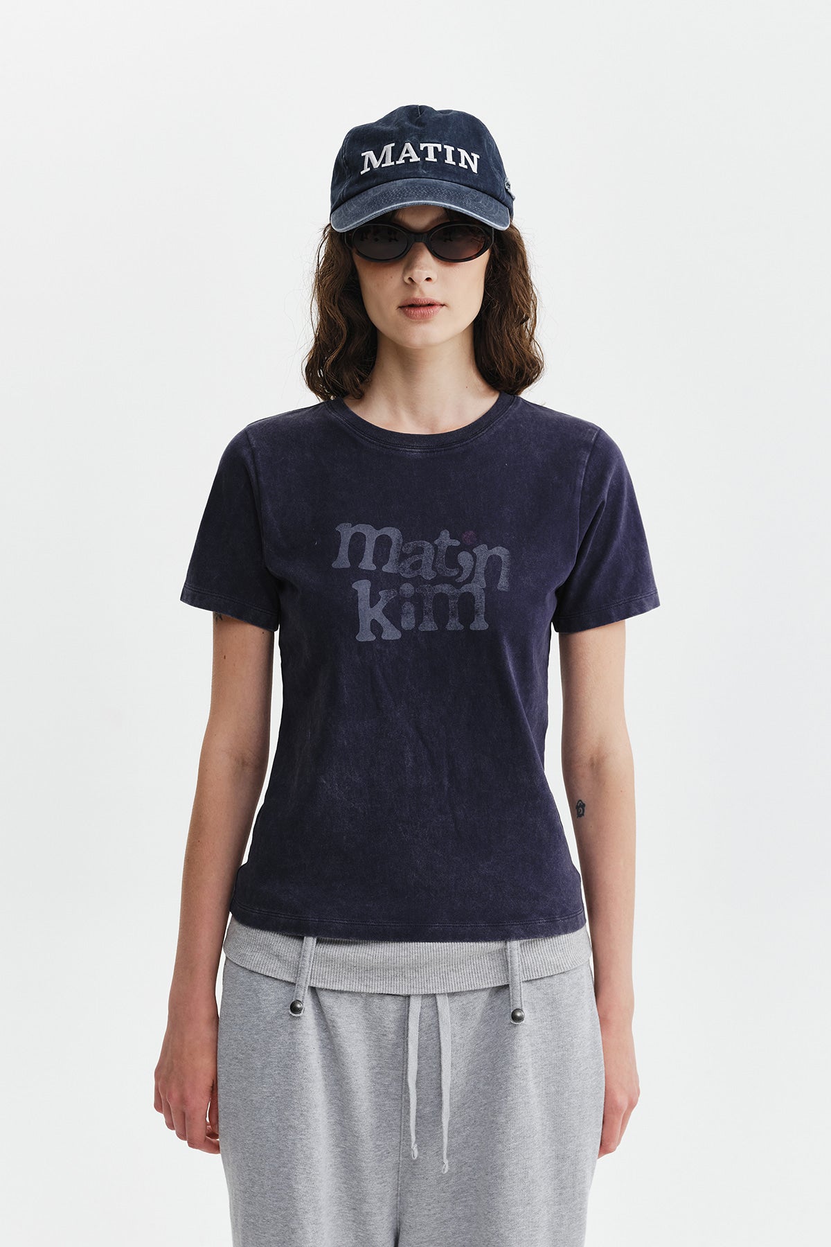 Matinkim Round Logo Graffiti Slim Top IN Navy