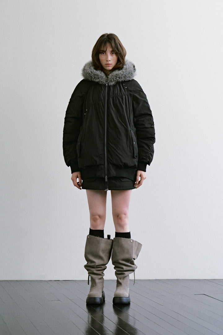 Treemingbird Fur Trimmed Mid Down Jacket Black