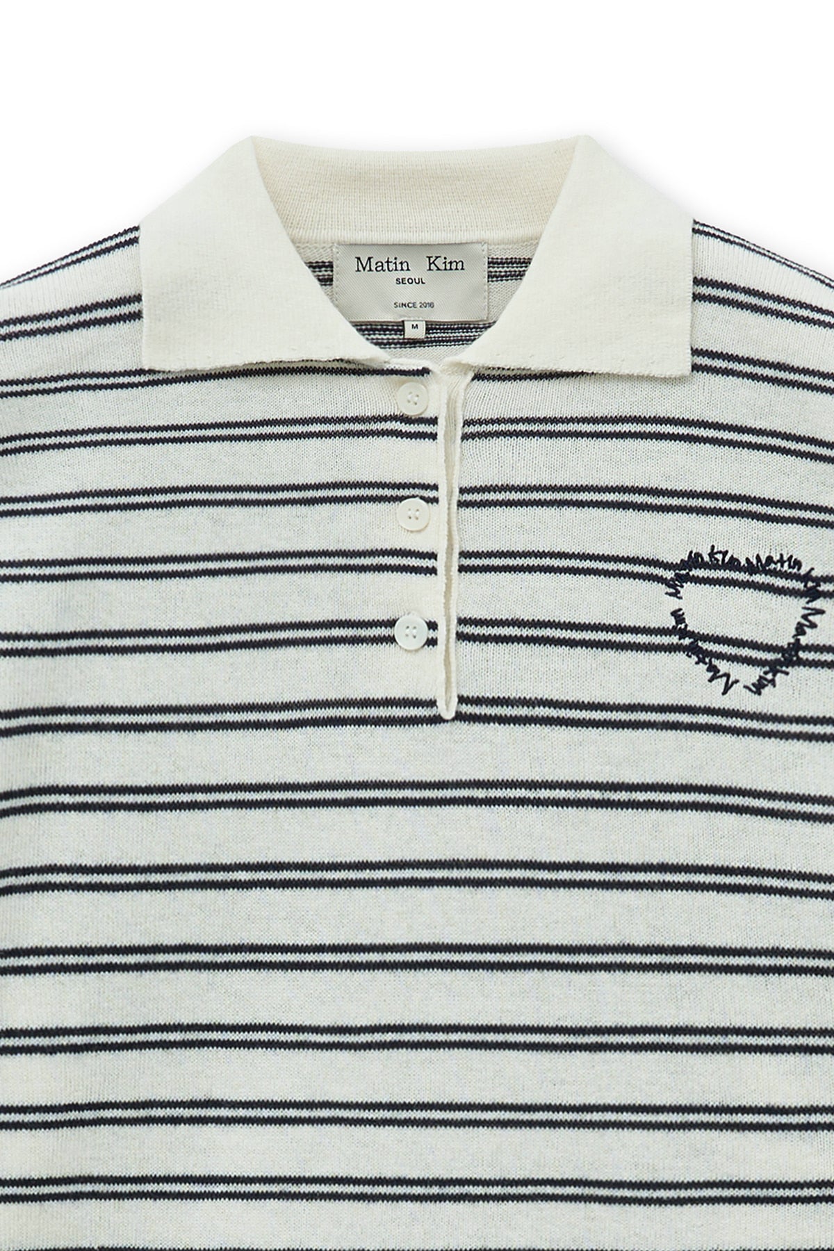 [matinkim] HEART LOGO COLLAR STRIPED PULLOVER IN IVORY
