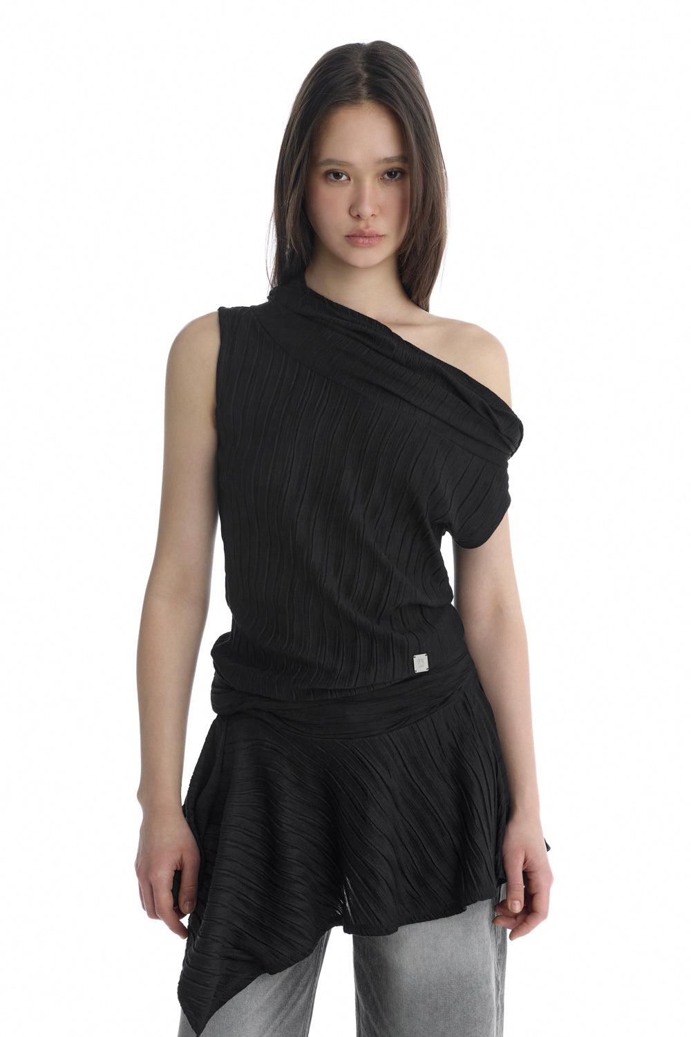 Treemingbird Crinkle Draped Hooded Sleeveless Dress Black