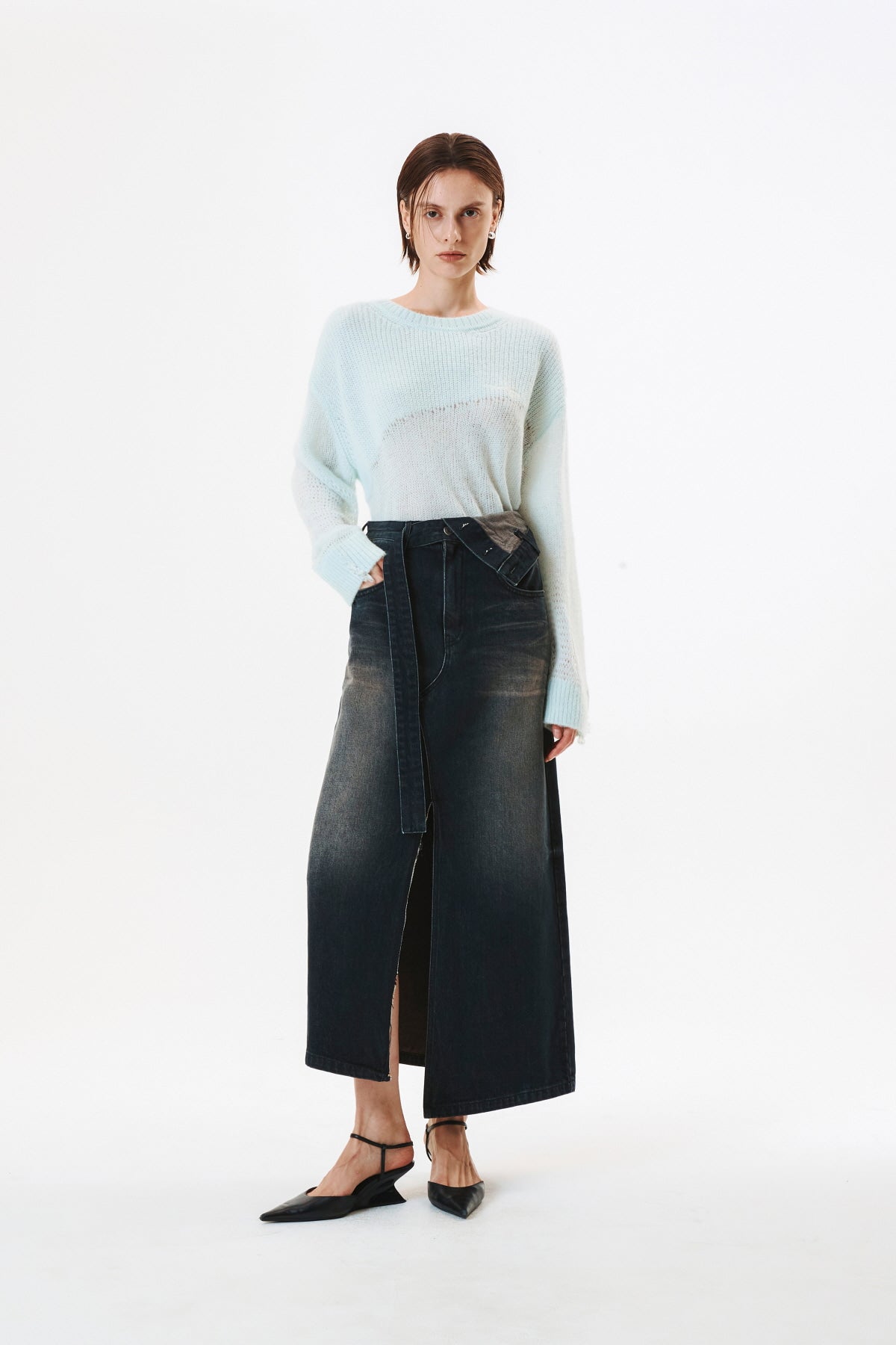 Matinkim Foldover Vintage Washed Denim Skirt IN Black
