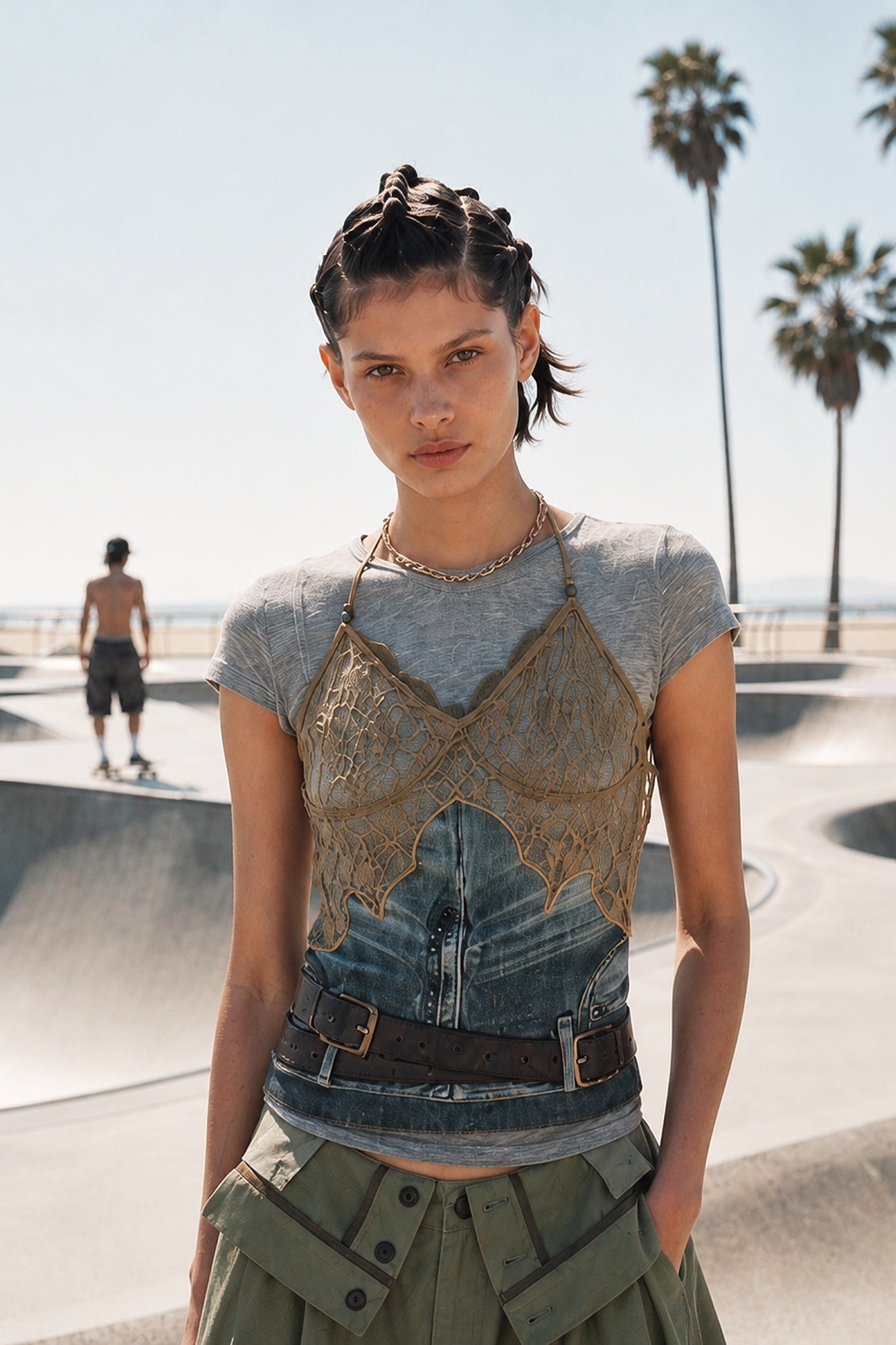 Andersson Bell Belted Denim Printed Lace Bustier