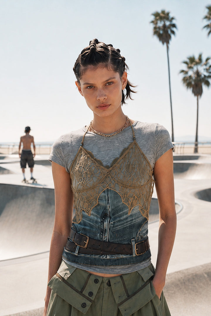 Andersson Bell Belted Denim Printed Lace Bustier Blue/Khaki)