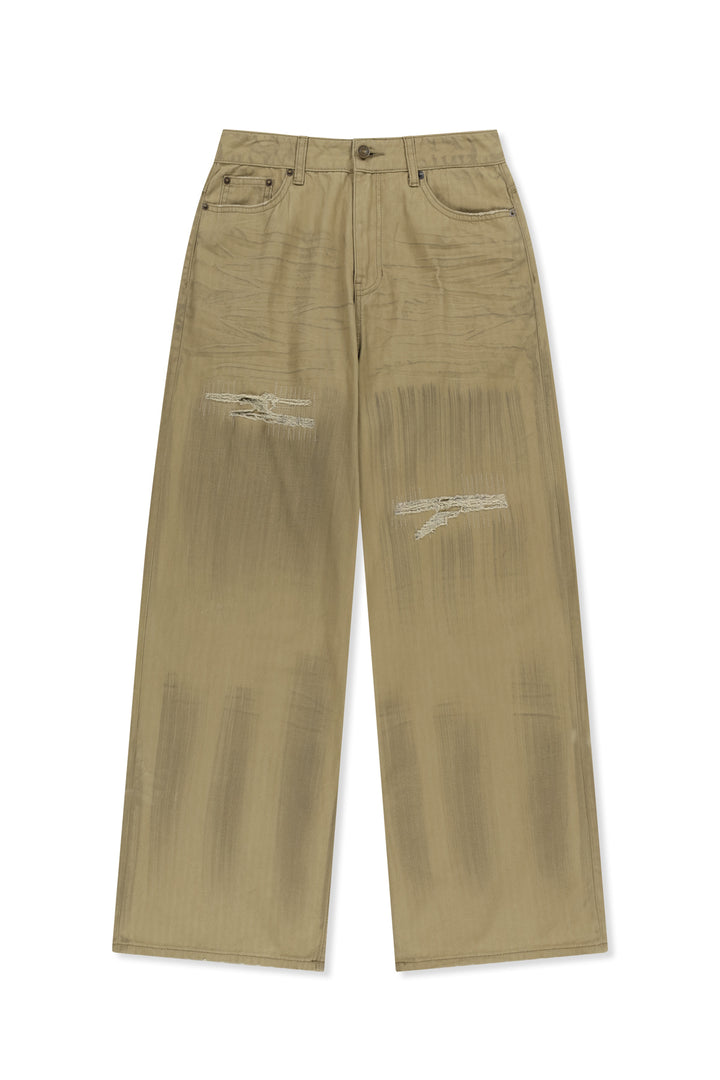 Matinkim Distressed Herringbone Wide Pants IN Beige