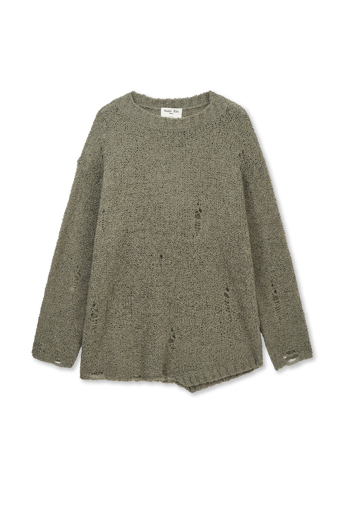 Matinkim Asymmetric Damaged Knit Pullover IN Khaki
