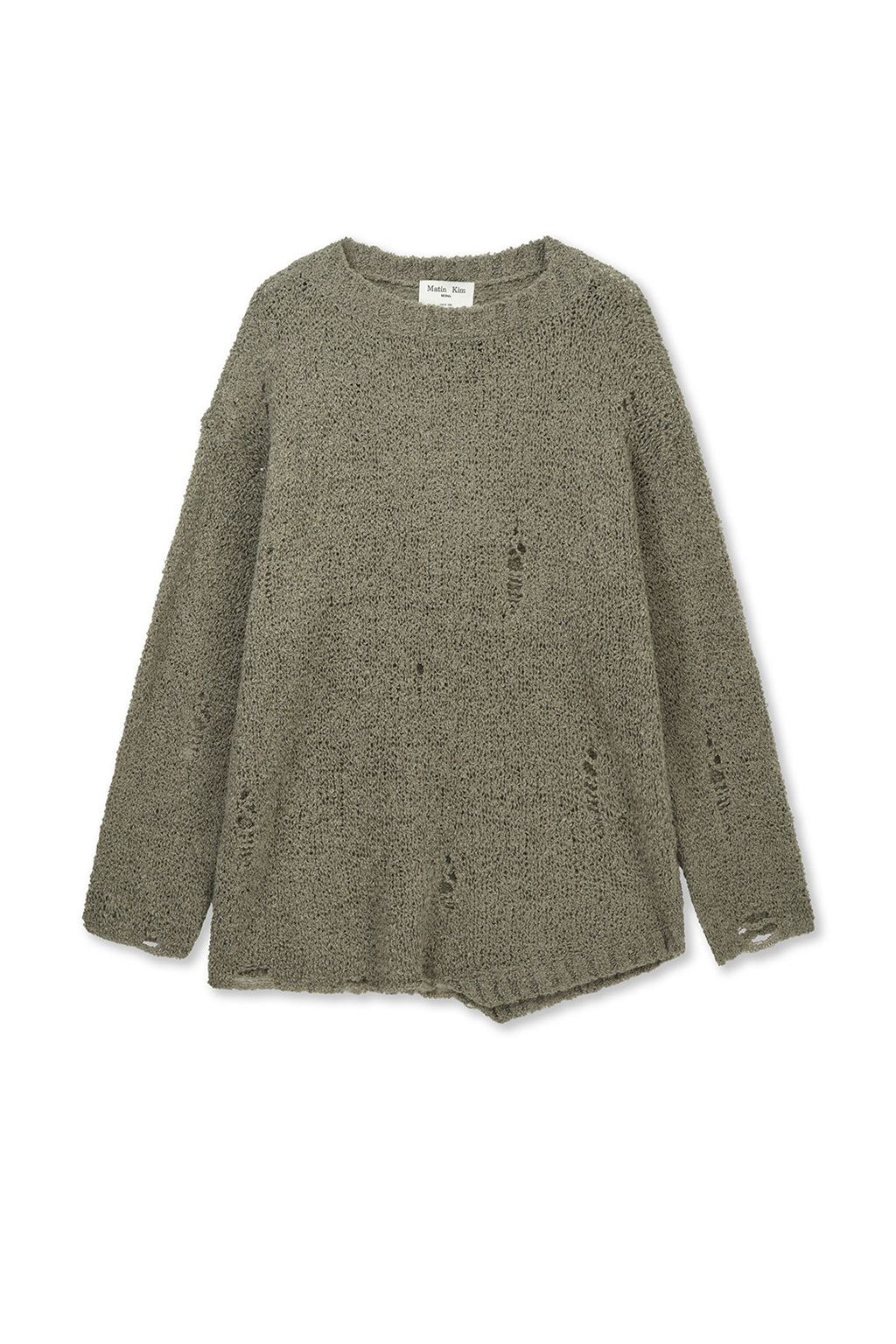 Matinkim Asymmetric Damaged Knit Pullover IN Khaki