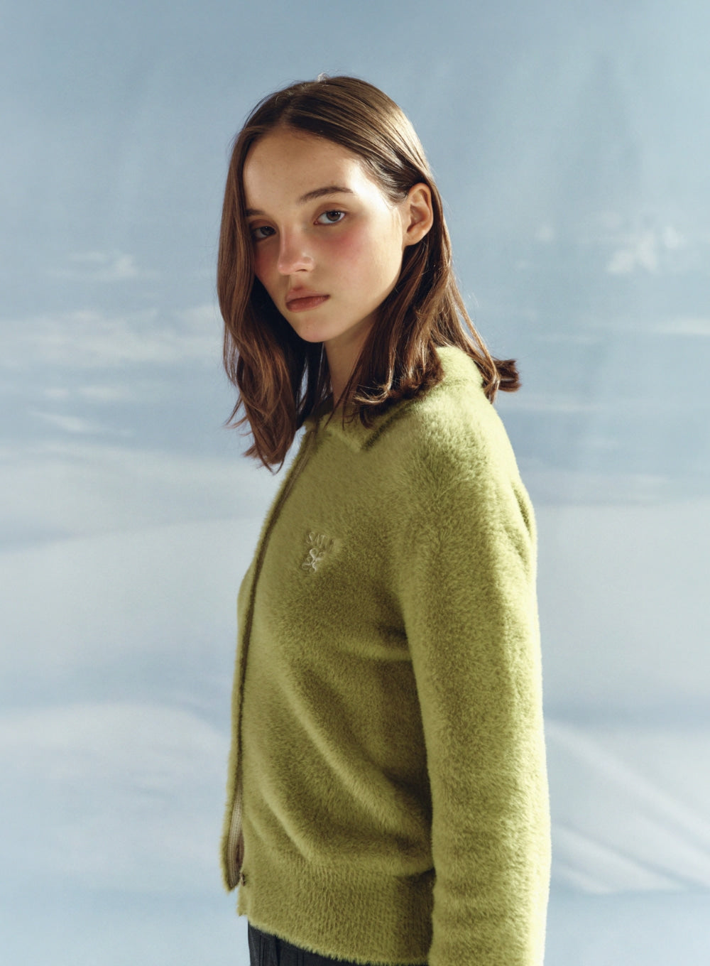 [satur] (W) Hairy Collar Knit Cardigan - Olive Green